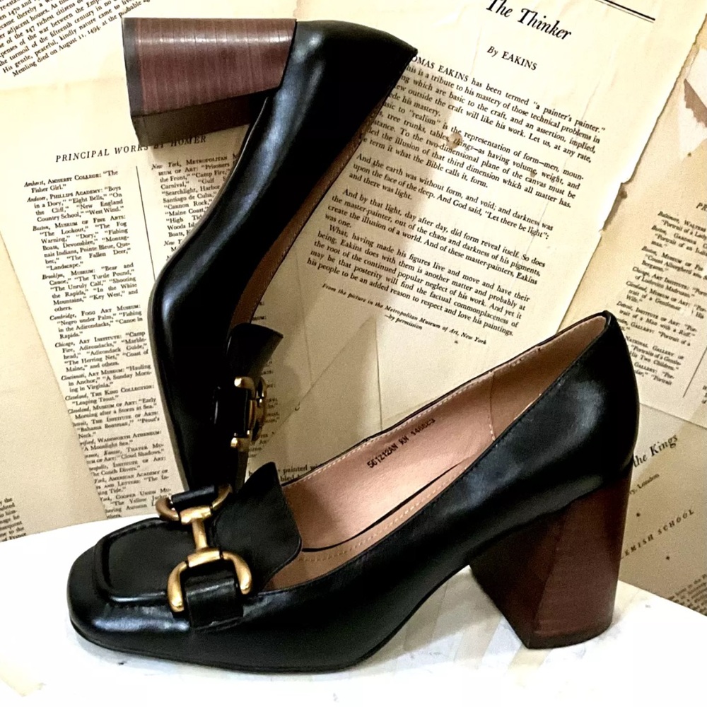Anthropologie Bibi Lou Zagred Wood Stacked Heel Black Leather - Picture 2 of 11